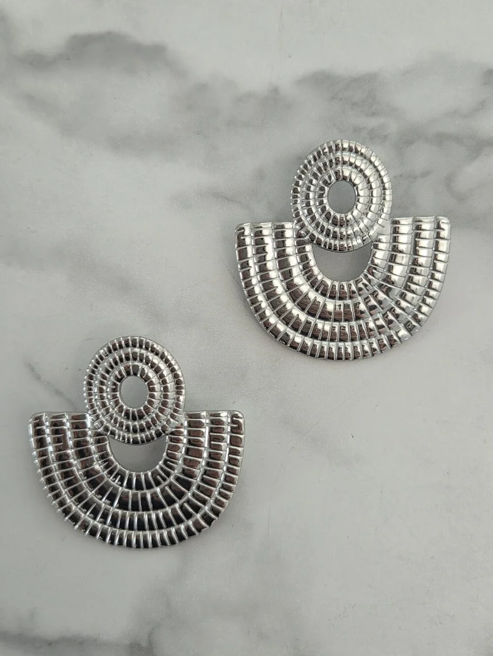 Stainless Steel Silver Textured Fan Dangle Earrings - Picture 6 of 14